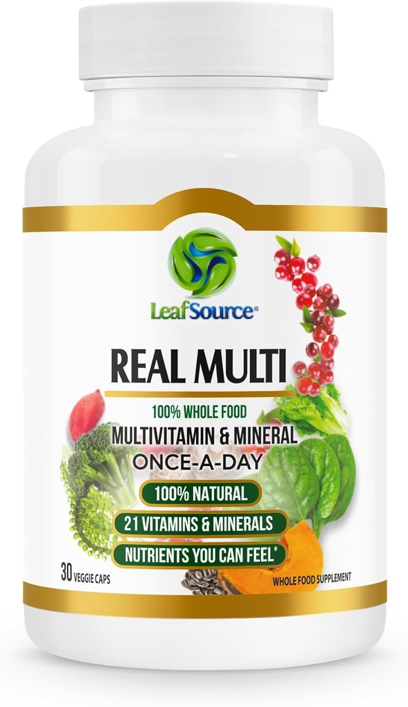 LEAFSOURCE Real Multi, Multivitamínico Suplemento Alimentario Integral - 21 Vitaminas & Minerales Hecho de Alimentos Reales. Nutrientes Veganos, Plantados Fabricados de Frutas Reales Veggies & Whole Foods (30 vcap)