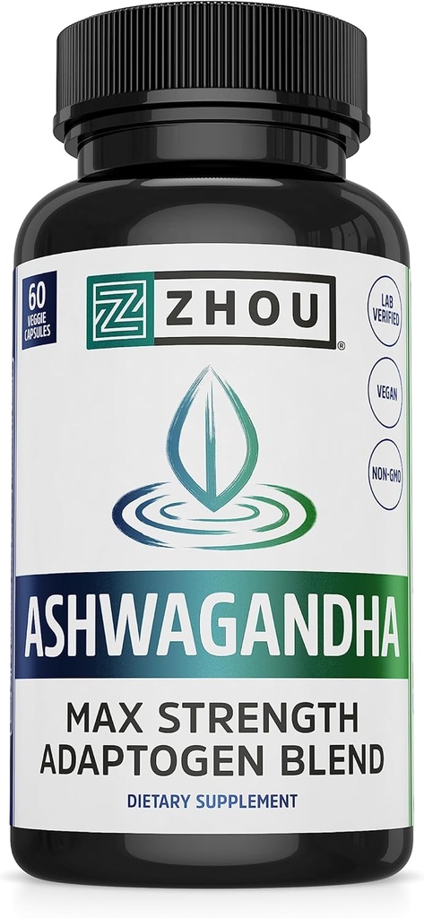 Zhou Ashwagandha - Ashwagandha y Rhodiola para Hombres de Mujeres, Adaptogen Ashwaganda Extracto 1200 mg con Pepper Negro, Apoyo Adaptogénico Suplemento para la calma, Mood, Sleep - 60 cápsulas Vegan