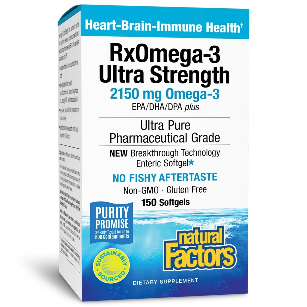 Factores naturales RxOmega-3 Ultra Strength - Suplemento dietético para la salud cerebral - Suplemento de salud ocular con EPA &amp; DHA - Suplemento con ácidos grasos Omega-3 - 150 Softgels (75 Servimientos)