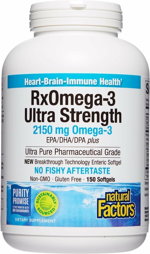 Factores naturales RxOmega-3 Ultra Strength - Suplemento dietético para la salud cerebral - Suplemento de salud ocular con EPA &amp; DHA - Suplemento con ácidos grasos Omega-3 - 150 Softgels (75 Servimientos)