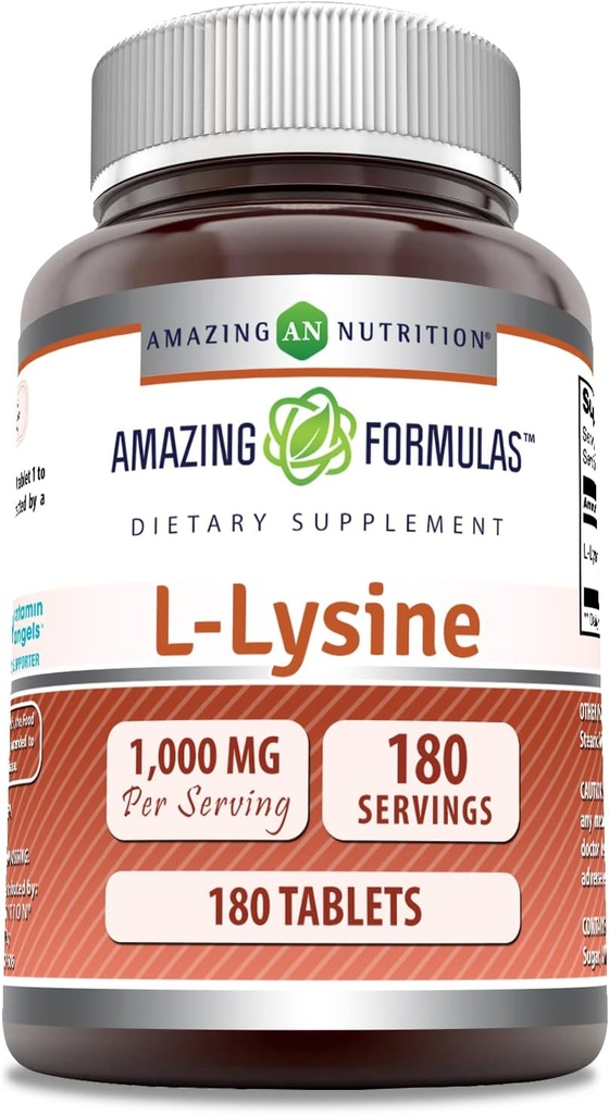 Fórmulas increíbles L-Lysine 1000 Mg Amino Acid Suplemento TENIDO Tablets ← No-GM0 TEN Gluten-Free TEN Made in USA (1 Pack TEN 180 Count)