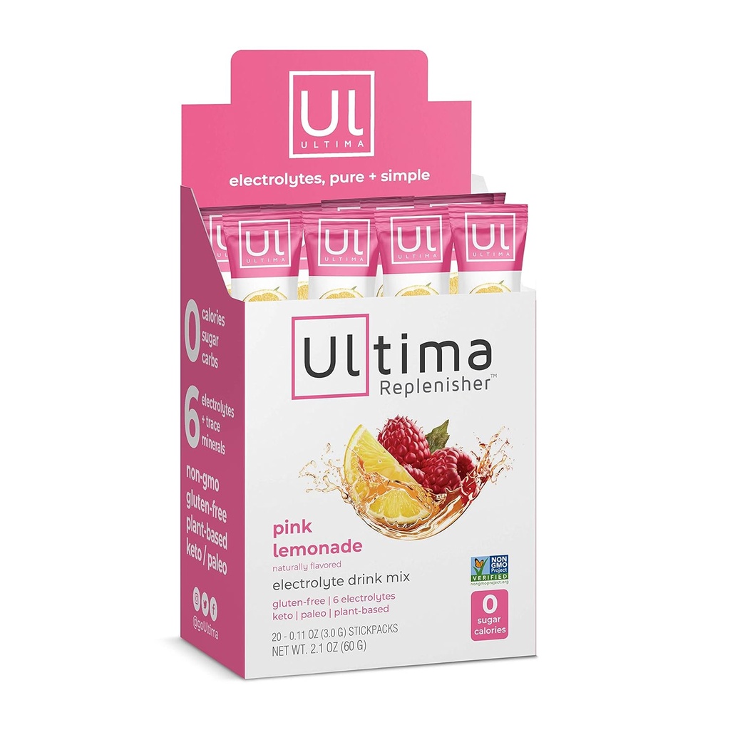Ultima Replenisher Electrolyte Hydration Drink Mix, Pink Lemonade, 20 Serving Stickpack Box - Sugar Free, 0 Calories, 0 Carbs - Sin gluten, Keto, Non-GMO, Vegan