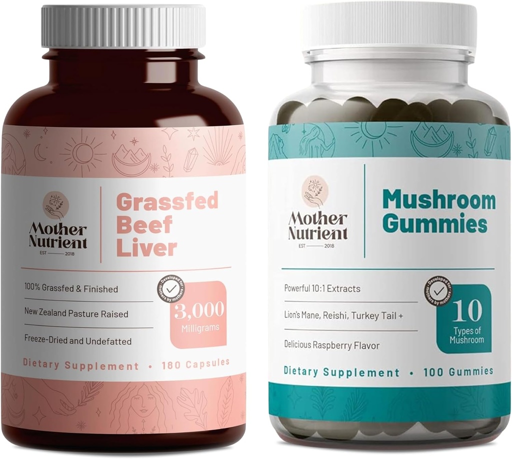 Madre Nutrient Bundle: Grass-Fed Beef Liver Capsules and Pure Extract Mushroom Gummies - Premium, Suplementos No-GMO para su rutina diaria
