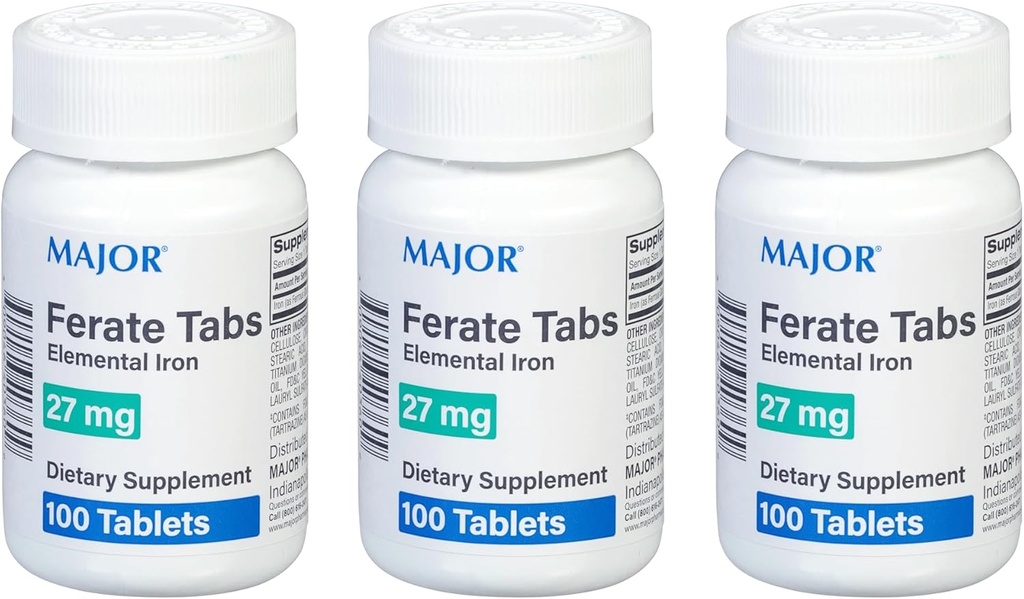 Major 27 mg Tabs de Ferate - Ferrous Gluconate Elemental Iron Suplemento dietético - 100 Cuenta (3 Pack)