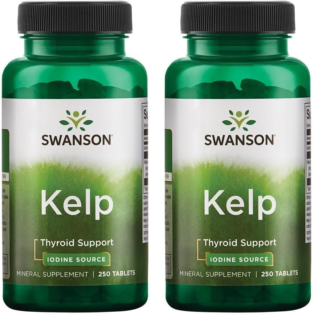 Swanson Kelp - Natural Iodine Source Supporting Thyroid Health - Mineral Supplement w/Iodine Source Standardized 0.4% - (250 Tablets, 225mcg Cada) (2 Pack)