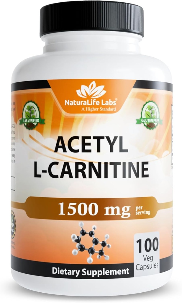 Acetyl L-Carnitine (ALCAR) 1500 mg por Serving – 100 cápsulas – No GMO, Libre de gluten, Vegan