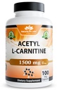 Acetyl L-Carnitine (ALCAR) 1500 mg por Serving – 100 cápsulas – No GMO, Libre de gluten, Vegan