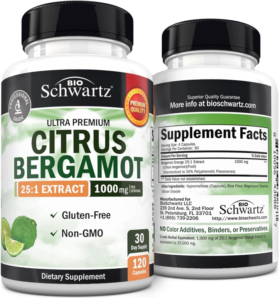 Citrus Bergamot 1000mg - Citrus Bergamot Suplemento para el colesterol y la salud cardíaca - Ultra concentrado de fruta fresca para la absorción mejorada - Vegan, no GMO, libre de gluten - 120 Mini cápsulas