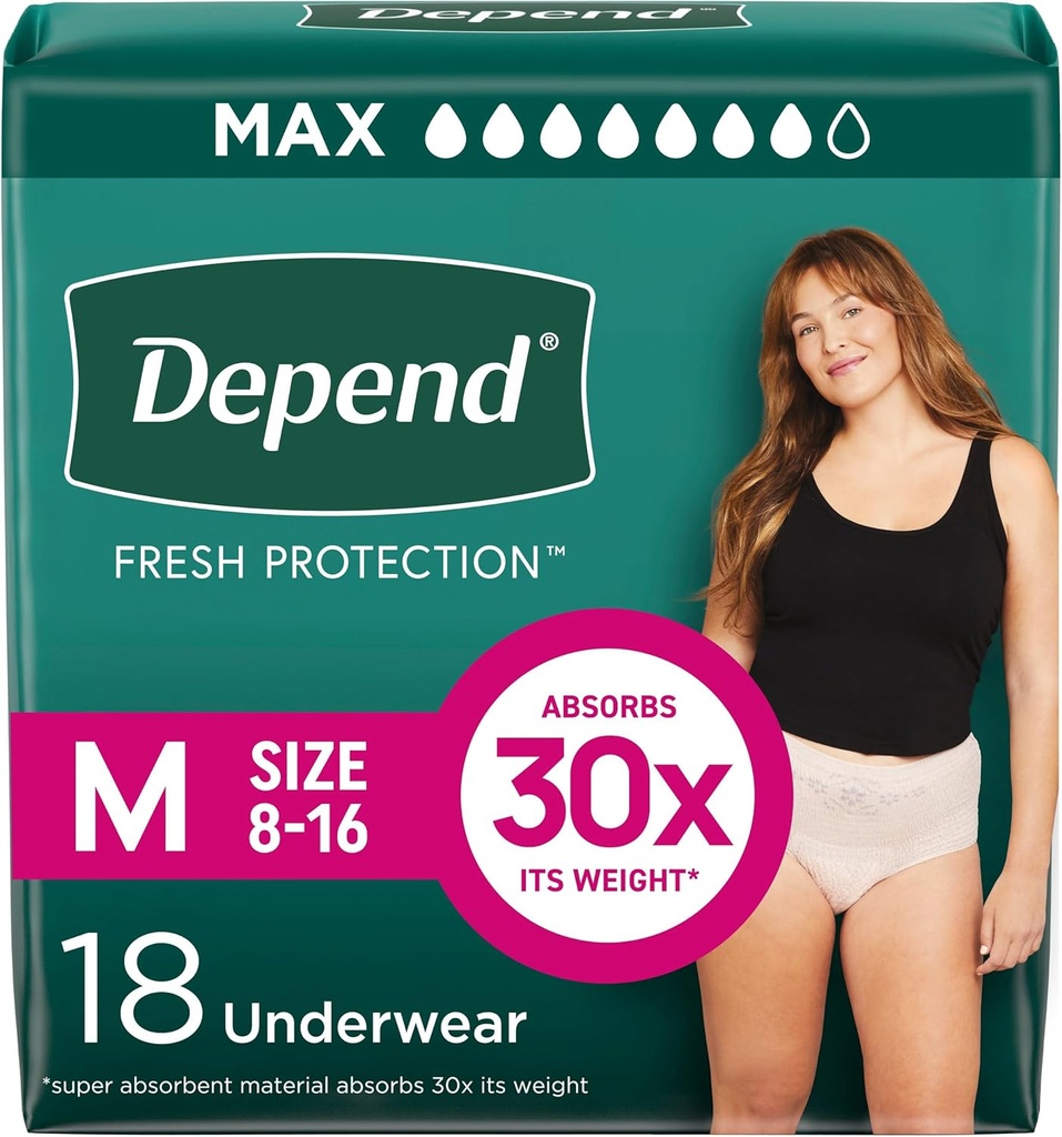 Dependiendo Protección Fresco Adult Diapers, Incontinencia & Postpartum Bladder Leak Underwear for Women, Disposable, Máximo, Media, Blush, 18 Cuenta, Embalaje Mayo Vary