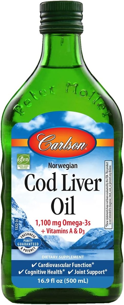 Carlson - Cod Liver Oil, 1100 mg Omega-3 + A & D3, Wild-Caught Norwegian Arctic Cod-Liver Oil, Sustentably Sourced Nordic Fish Oil Liquid, Unflavored, 500 mL (16.9 Fl Oz)