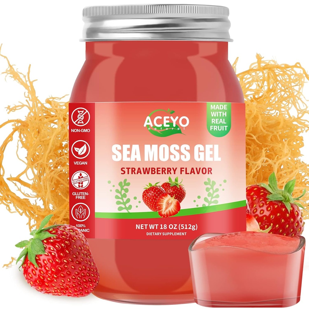 ACEYO (18 OZ) Irish Sea Moss Gel Raw Vegan Strawberry Flavor 102 Vitaminas y Minerales Wild Harvested Non-GMO Immune Defense Booster Thyroid Digestive Support