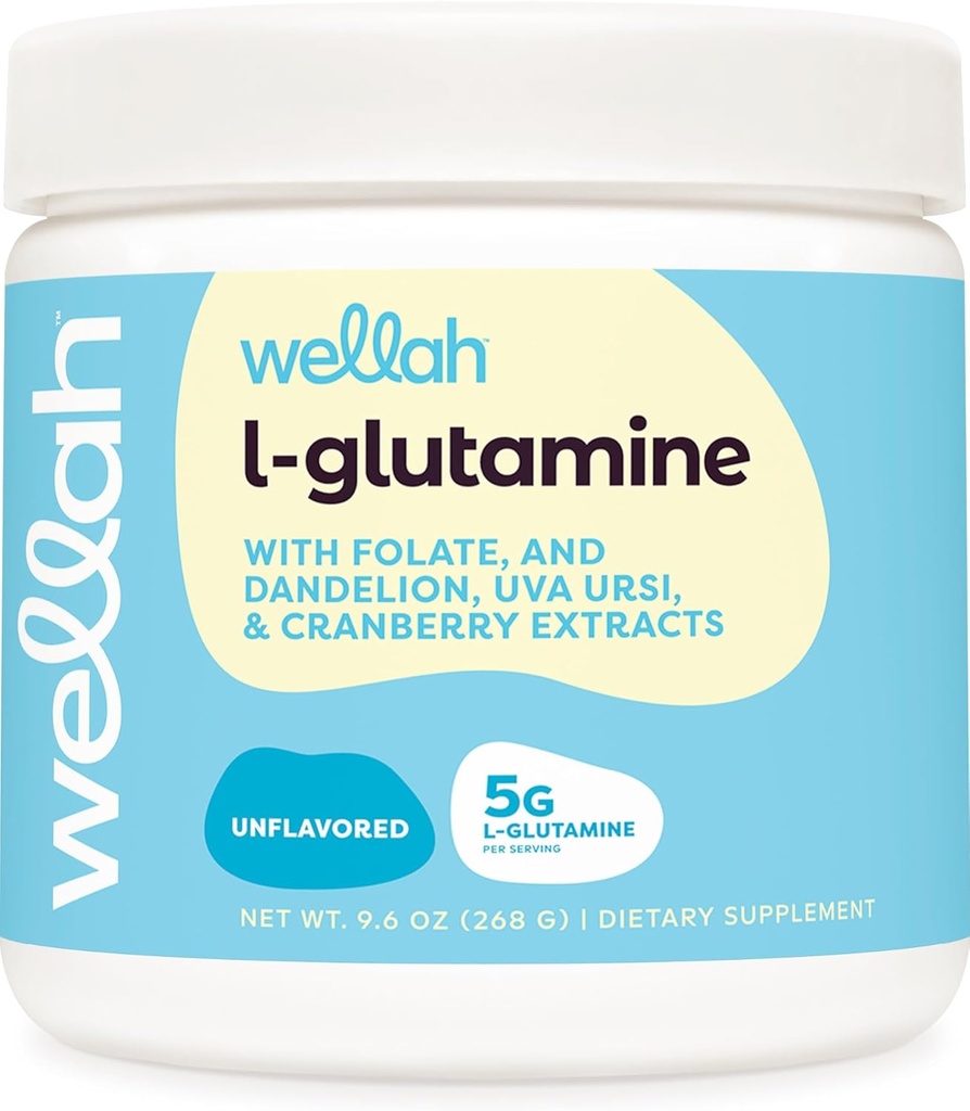 Wellah L-Glutamine Powder Unflavored (50 Servings) - 5g L-Glutamine Por Serving, Endulzado con Stevia