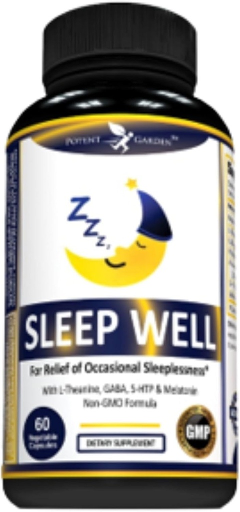 Potent Garden Sleep Well Sleep Aid Contiene Melatonin Valerian Root L-Theanine GABA &amp; More, Natural Sleep Aid Non-Habit Forming Sleep Aids for Adults with 60 Veggie Caps