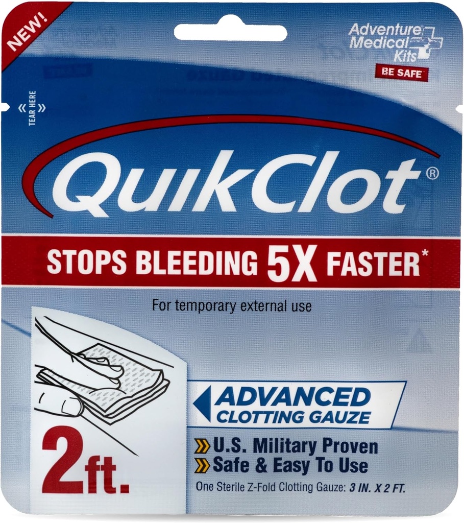 Kits médicos de aventura QuikClot Gauze - Gafas médicas hemotáticas flexibles para kits de supervivencia de emergencia o preparación de desastres &amp; Más - Stops Bleeding Fast with Kaolin - 3" x 24"