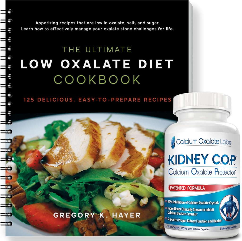 KIDNEY C.O.P. Calcium Oxalate Protector 120 Capsules, Patented Kidney Support for Calcium Oxalate Crystals, Stop Recurrence (Starter Pack - (120 Caps) y 1 Ultimate Low Oxalate Diet Cookbook)