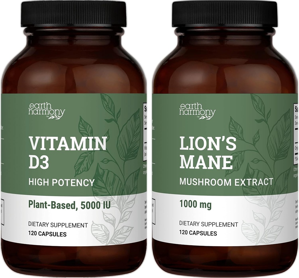 Armonía de la Tierra Vitamina Vegana D3 5000 iu &amp; Organic Lion's Mane 1000mg Suplemento - 120 cápsulas Cada