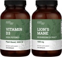 Earth Harmony Vegan Vitamin D3 5000 iu & Organic Lion's Mane 1000mg Supplement - 120 Capsules Each