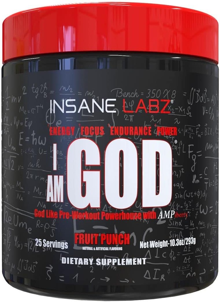 I am God Pre Workout, High Stim Pre Workout Powder cargado con Creatine y DMAE Bitartrate Fueled by AMPiberry, Energy Focus Endurance Muscle Growth,25 Srvgs, Fruit Punch