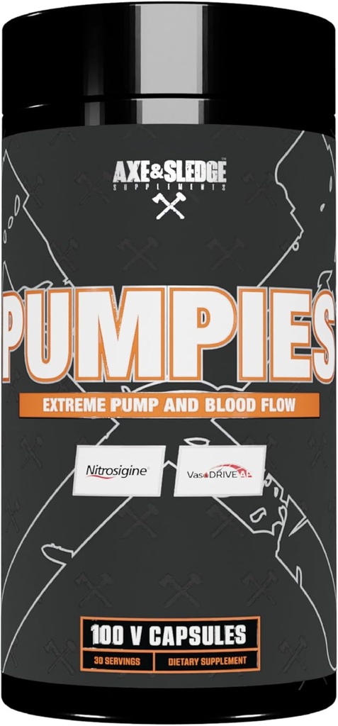 Axe &amp; Sledge Supplements PUMPIES Nitric Oxide Booster con VasoDrive-AP y Nitrosigine, Aumentar las bombas, el rendimiento y la recuperación, 20 Servimientos, 100 cápsulas