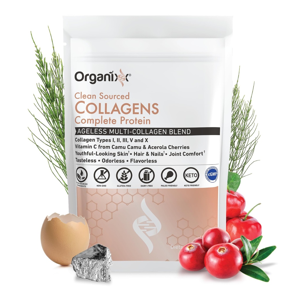 Organixx Collagen Peptides Polvo con vitamina C, Tipos I, II, III, V, X Collagen hidrolizado, Pelo, Nail, Skin, Bone & Joint Health, Aging Support, Clean Sourced, Gluten Free, Unflavored, 30 Servings