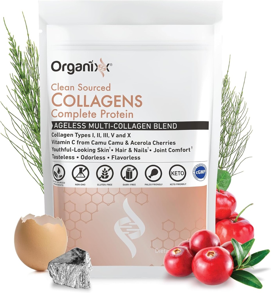 Organixx Collagen Peptides Polvo con vitamina C, Tipos I, II, III, V, X Collagen hidrolizado, Pelo, Nail, Skin, Bone & Joint Health, Aging Support, Clean Sourced, Gluten Free, Unflavored, 30 Servings
