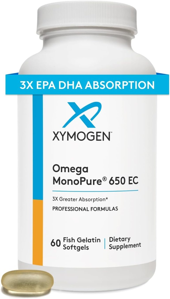 XYMOGEN Omega MonoPure 650 EC - Omega-3 Suplementos de aceite de pescado para hombres de mujeres - con EPA, DHA &amp; DPA - Softgeles más pequeños con 3X Absorción mayor - Apoyo a un corazón saludable " Cognición (120 Softgels)