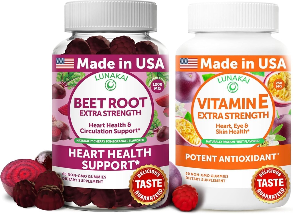 Lunakai Beet Root y vitamina E con C Gummies Bundle – Antioxidante y Wellness Support