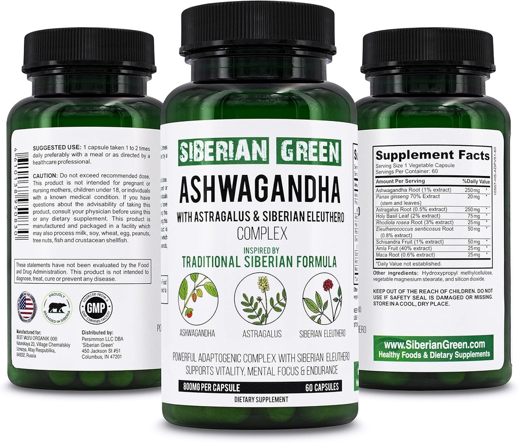 Siberian Green Organic Ashwagandha Root con Astragalus &amp; Siberian Eleuthero Ginseng Complex 60 cápsulas Powerful Herbal Support