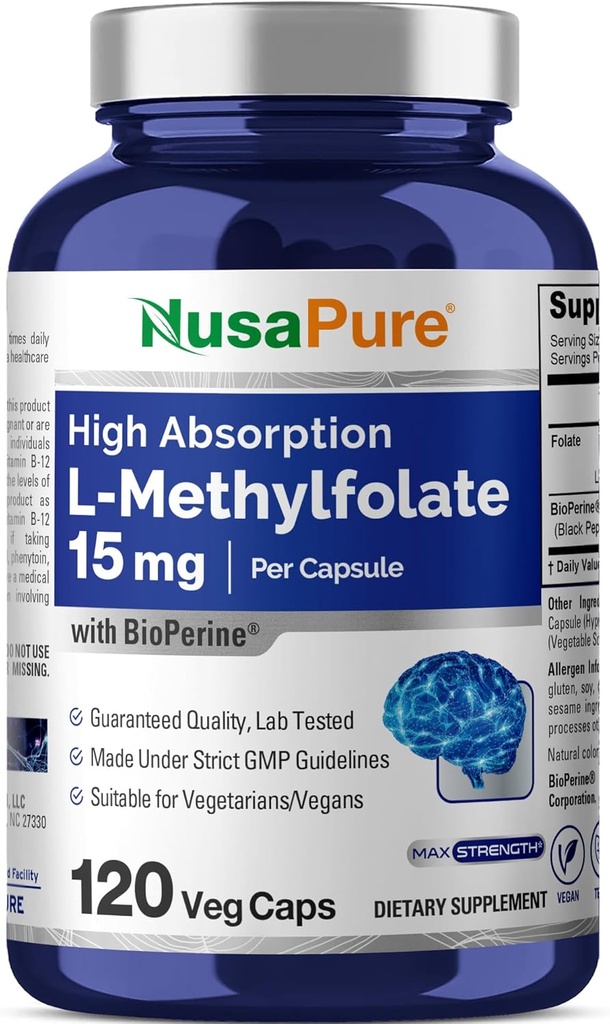 NusaPure L Methylfolate 15mg, 120 Veggie Capsules, Bioperina