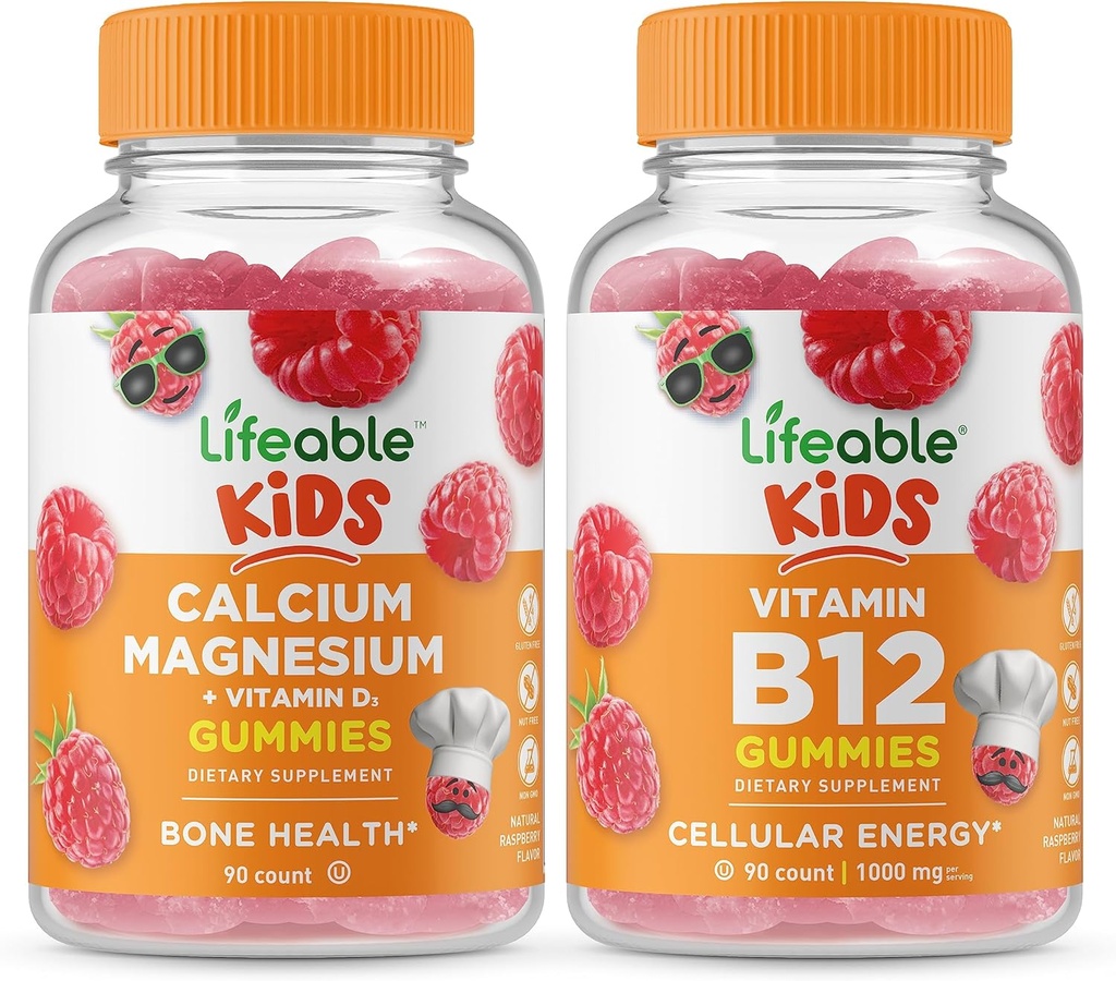 Magnesio de calcio vital para niños + Vitamina B12 Niños, Gummies Bundle - Gran Tasting, Suplemento de vitamina, Gluten Gratis, GMO Gratis, Chewable Gummy