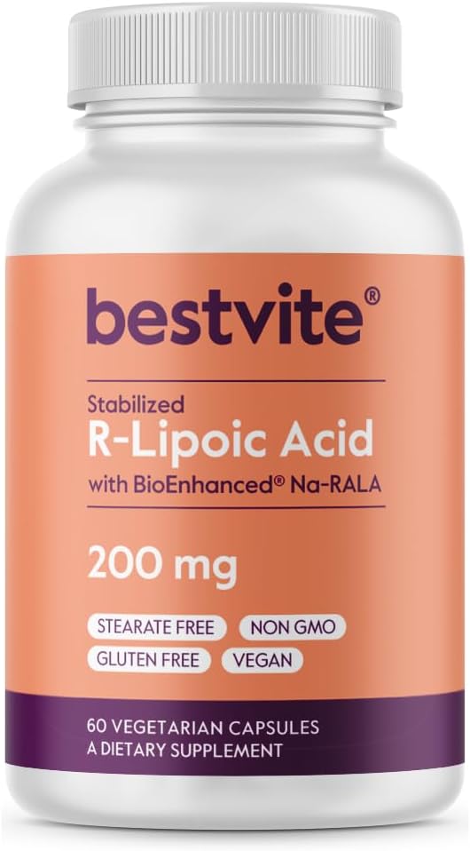BESTVITE R-Lipoic Acid 200mg Estabilizado con Bio-Enhanced Na-RLA (60 Vegetarian Capsules) - No Stearates - No Fillers - Vegan - Gluten Free - Non GMO