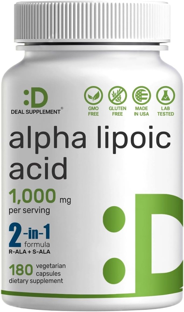 Ácido Lipoico alfa 1000mg, 180 cápsulas vegetales – 50/50 R-ALA &amp; S-ALA para la biodisponibilidad máxima – Suplemento antioxidante – Apoyo al sistema energético y nervioso – No GMO