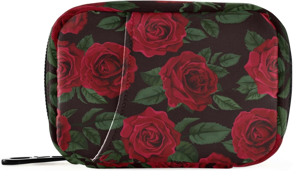 Pfrewn Pill Organizer Case Retro Red Rose Travel Pill Box with Zipper 7 Day Portable Small Weekly Vitamin Medicine Supplement Holder Pouch Bag for Women Men