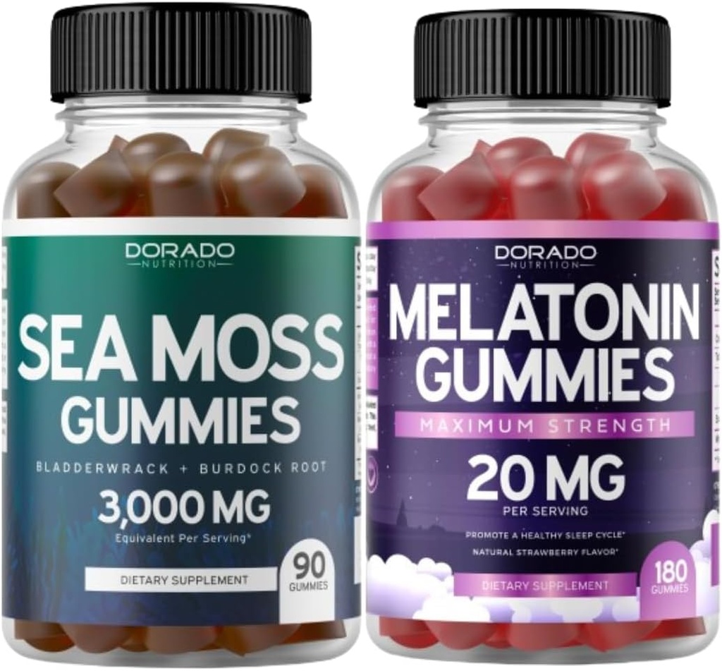 Irlandés Moss (90 Gummies) Raw Seamoss for Thyroid, Energy, &amp; Immune Support and Melatonin for Adults (180 Conde) Quick Dissolve Melatonin High Potency - Mixed Berry Flavor - Vegan Safe &amp; Made in US