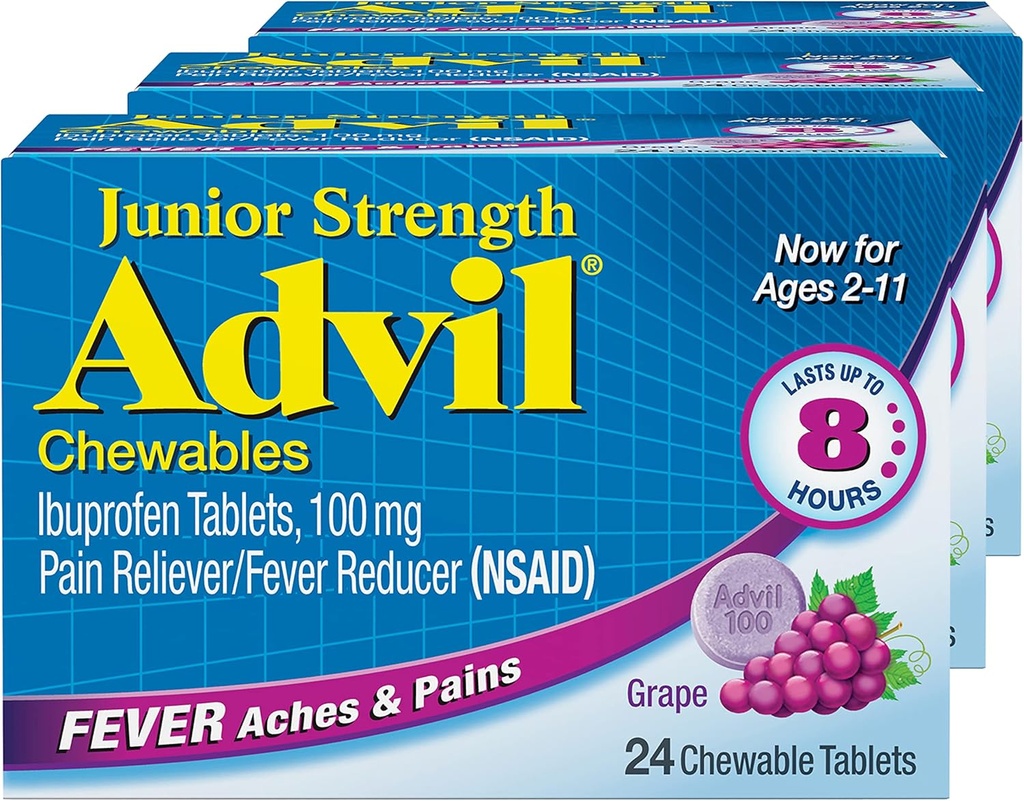 Alimentador de Dolor Advil Junior Strength Chewable Ibuprofen y Reductor de Fiebre, Ibuprofeno Infantil para Alivio de Dolor, Grape - 24 Tabletas (Pack of 3)