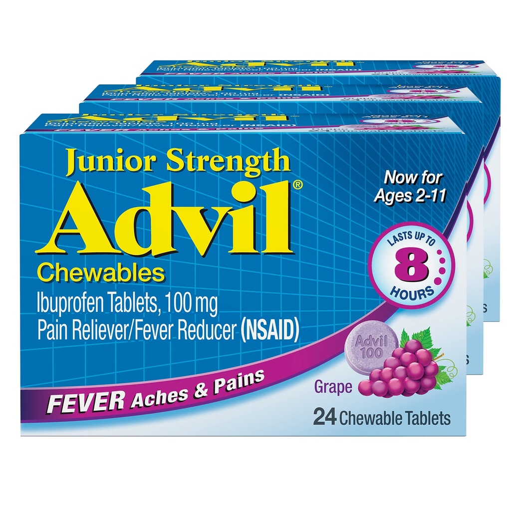 Alimentador de Dolor Advil Junior Strength Chewable Ibuprofen y Reductor de Fiebre, Ibuprofeno Infantil para Alivio de Dolor, Grape - 24 Tabletas (Pack of 3)
