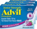 Alimentador de Dolor Advil Junior Strength Chewable Ibuprofen y Reductor de Fiebre, Ibuprofeno Infantil para Alivio de Dolor, Grape - 24 Tabletas (Pack of 3)