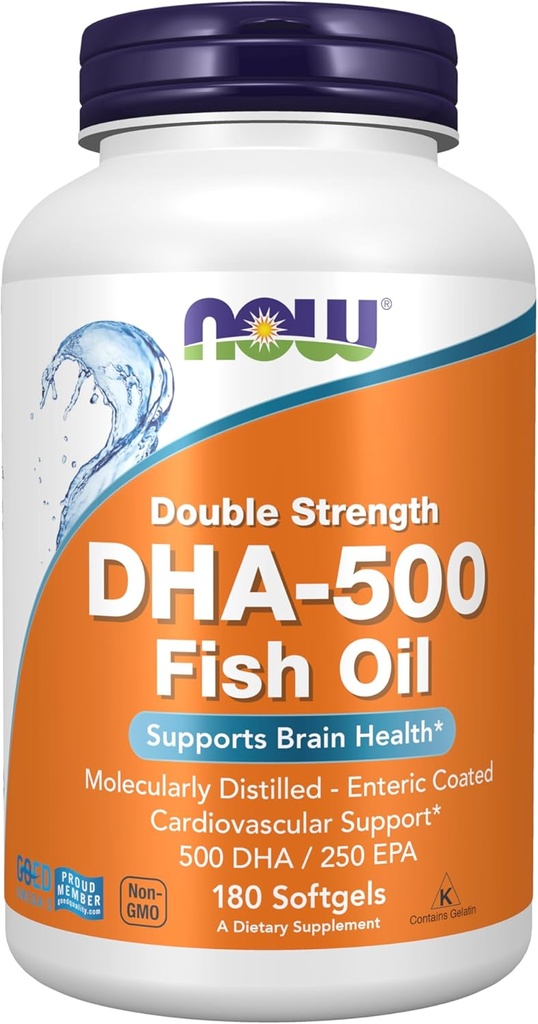 AHORA Suplementos de alimentos, DHA-500 con 250 EPA, Destilado molecularmente, soporta la salud cerebral*, 180 Softgels