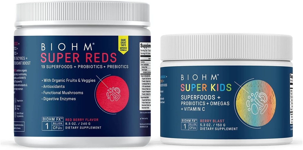 BIOHM Super Reds Superfood Powder, Tart Cherry & Super Kids Superfood Powder + Probiotics, Beneficial Antioxidants &amp; Omega-3 - Gluten Free, GMO Free, Dairy Free, No Artificial Ingredients