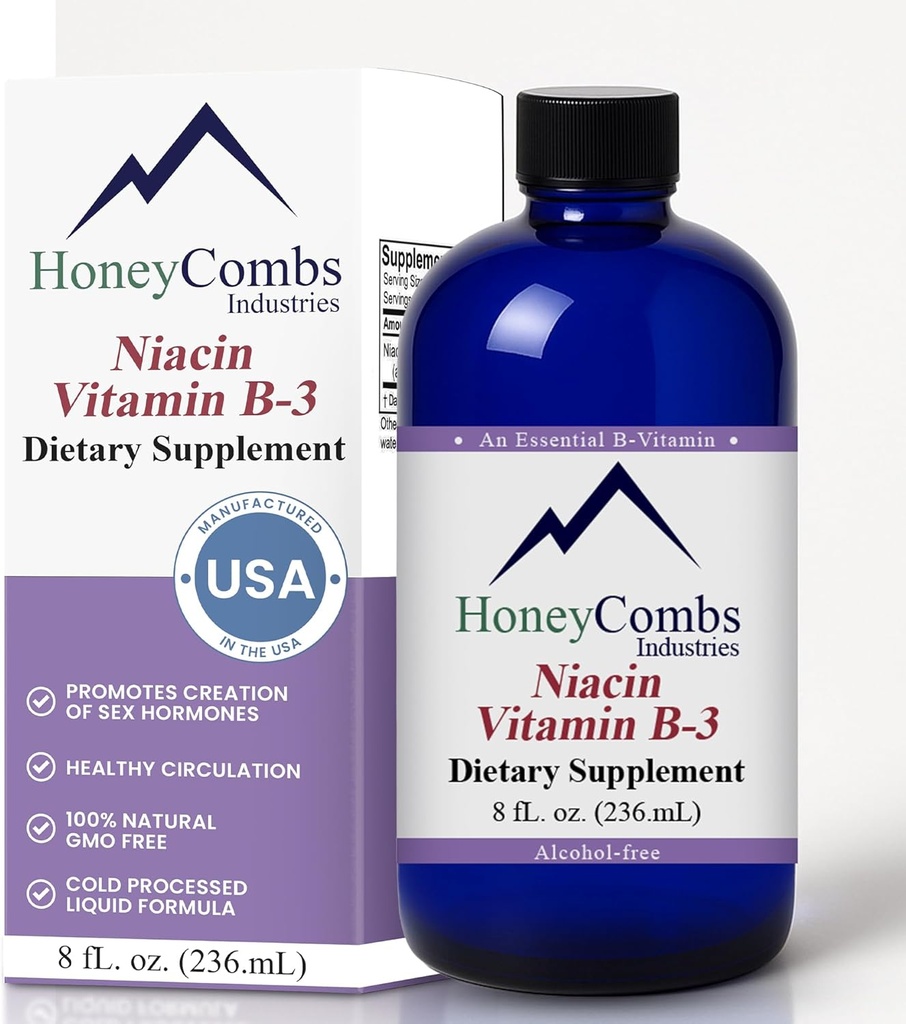 HoneyCombs Vitamin B3 Niacin Supplement Liquid Drops - High Potency Vitamin B3 Liquid Drops for Men & Women - Maintain Digestive System, Skin, Tongue, Energy and More - Vegan Niacin Drop (8 Fl oz)