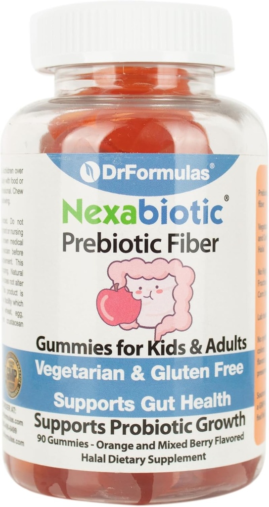 DrFormulas Nexabiotic Prebiotic Fiber Gummies Suplemento para el alivio del estreñimiento de los niños Silencioso Adultos &amp; Kids Stool Softener for Healthy Digestion, Halal, Vegetarian, Gluten Free, 30-Day Chewable Supply