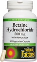 Factores naturales, Betaine HCL 500 mg, soporta la digestión saludable y un microbioma saludable, 90 cápsulas (90 porciones)