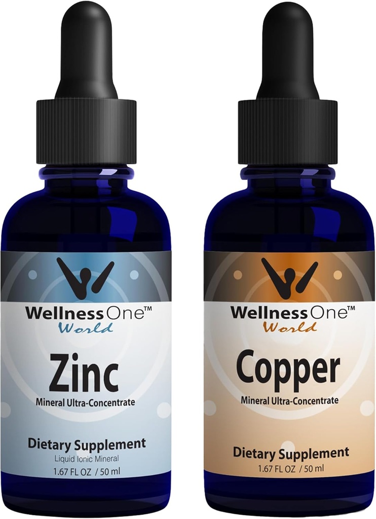 WellnessOne Ionic Liquid Zinc " Liquid Copper - Zinc-Copper Bundle to Support Immune System " Joint, Nerve & Bone Health - 1.67 fl oz Zinc " Copper Liquid Drops