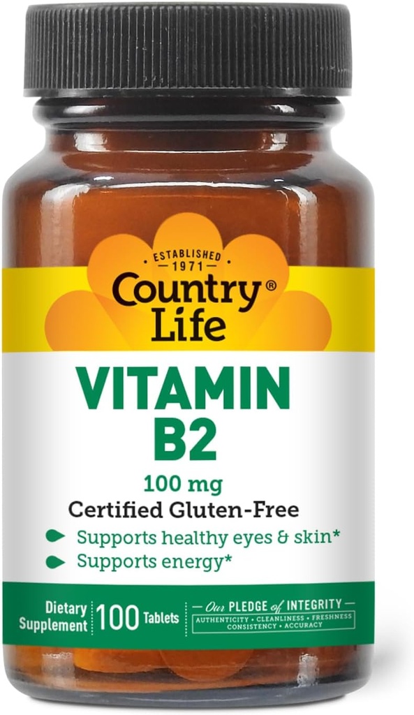 Country Life Vitamin B2 100mg Suplemento Riboflavin – Boosts Energy Production ' Supports Cell Function, Gluten-Free, Vegan, Kosher, Halal – no conservantes, GMO o sabores artificiales, 100 Condes