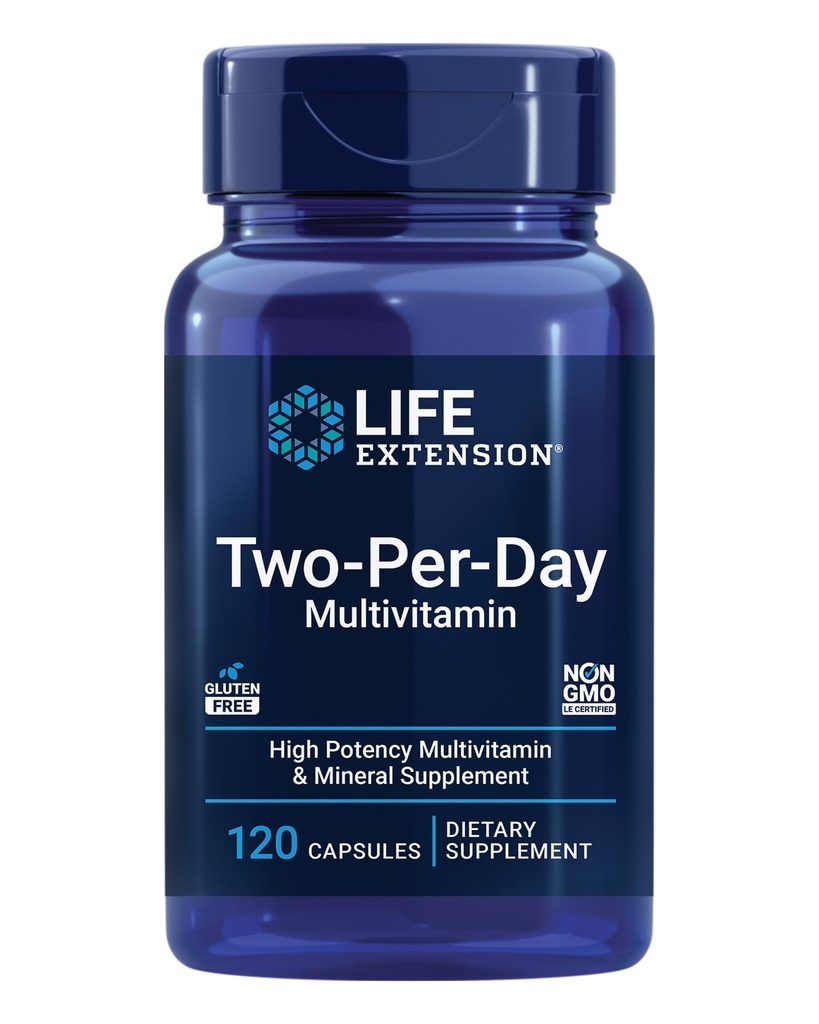 Ampliación de vida Multivitamínico de dos por día, vitaminas B, C, D, zinc, envasado con más de 25 vitaminas, extractos de minerales, fuente de dos meses, no GMO, libre de gluten, 120 cápsulas