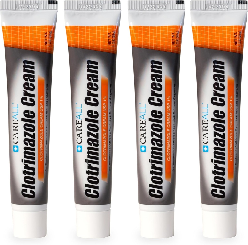 CareAll Clotrimazole Antifungal Cream 1% USP 1.0 oz. (4 Pack), Cures Most Athlete’s Foot, Jock Itch y Ringworm, Compare con la marca líder.