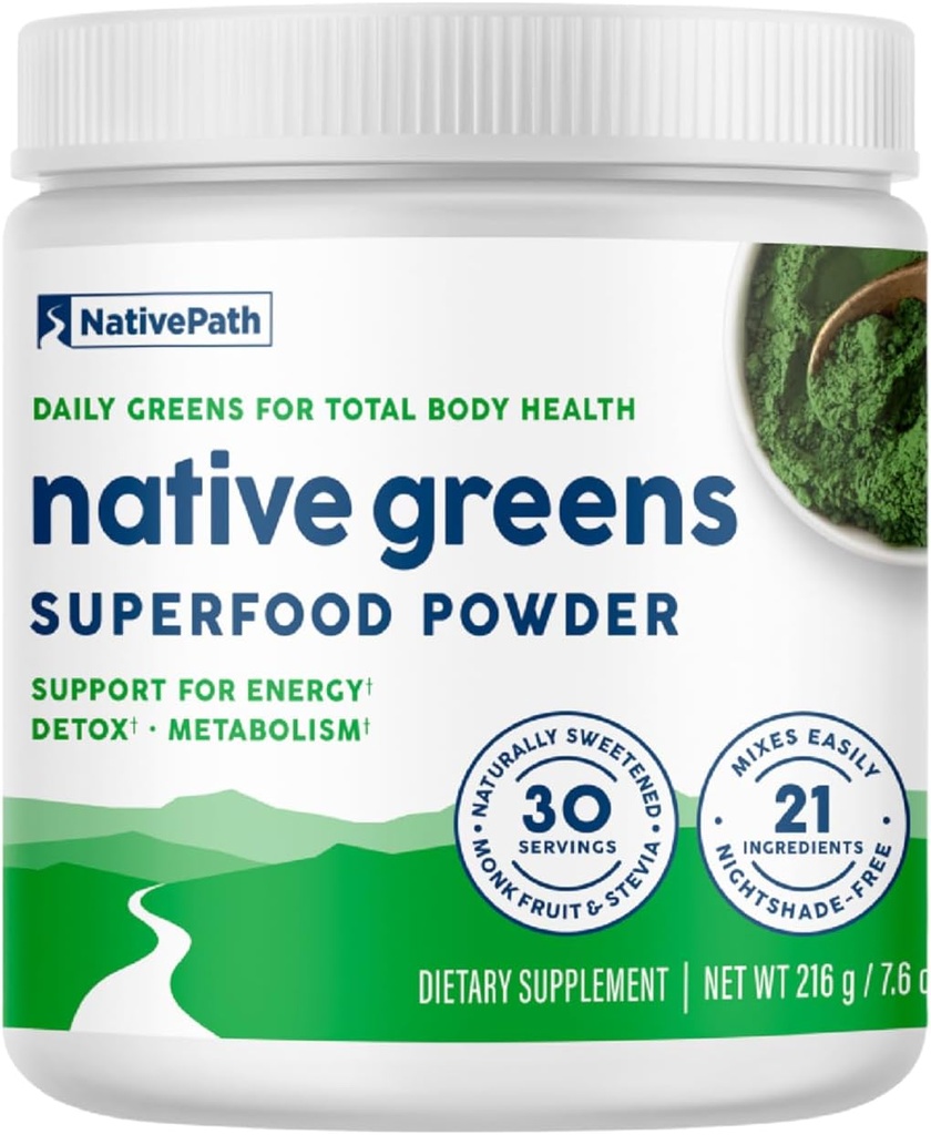 NativePath Native Greens Superfood Powder – Ecológico Verdes, Spirulina, Beet Root Powder, Digestive Enzymes, Probiotics, Nightshade-Free, Naturally Sweetened, 30 Servings
