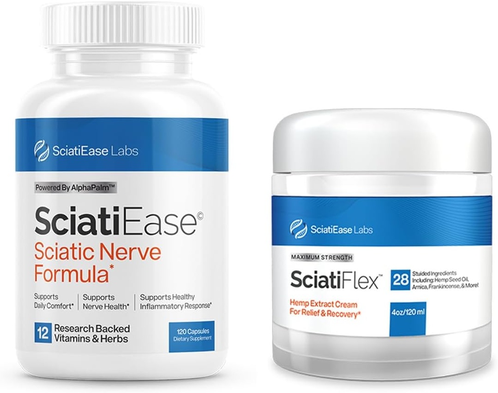 SciatiEase Sciatic Nerve Support Suplemento Sciati Ease y SciatiFlex Bundle con Alpha Palm y Maximum Strength Sciatic Cream con Hemp y Arnica Extract