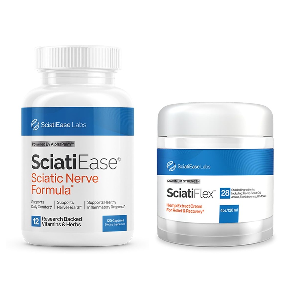 SciatiEase Sciatic Nerve Support Suplemento Sciati Ease y SciatiFlex Bundle con Alpha Palm y Maximum Strength Sciatic Cream con Hemp y Arnica Extract