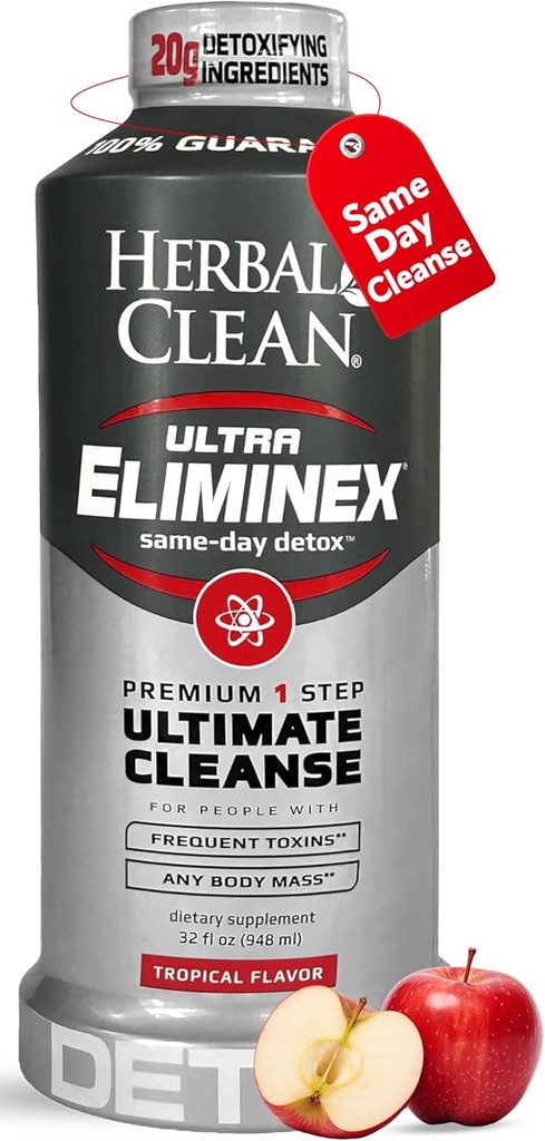 Herbal Clean Same Day Ultra Eliminex Detox Cleanse Drink* (32 fl oz) - Tropical Fruit Flavor Full Body Cleanse Detox Drink with Milk Thistle Seed* for high Toxin*, Vitamina B12 for Men &amp; Women